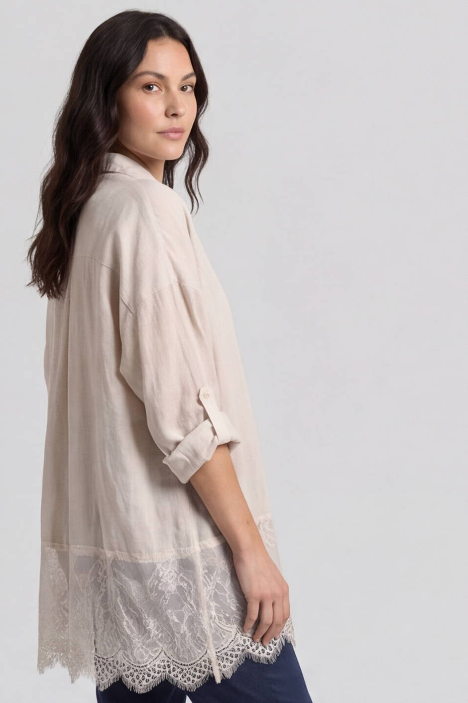Reban Lace Trim Cotton Shirt Stone