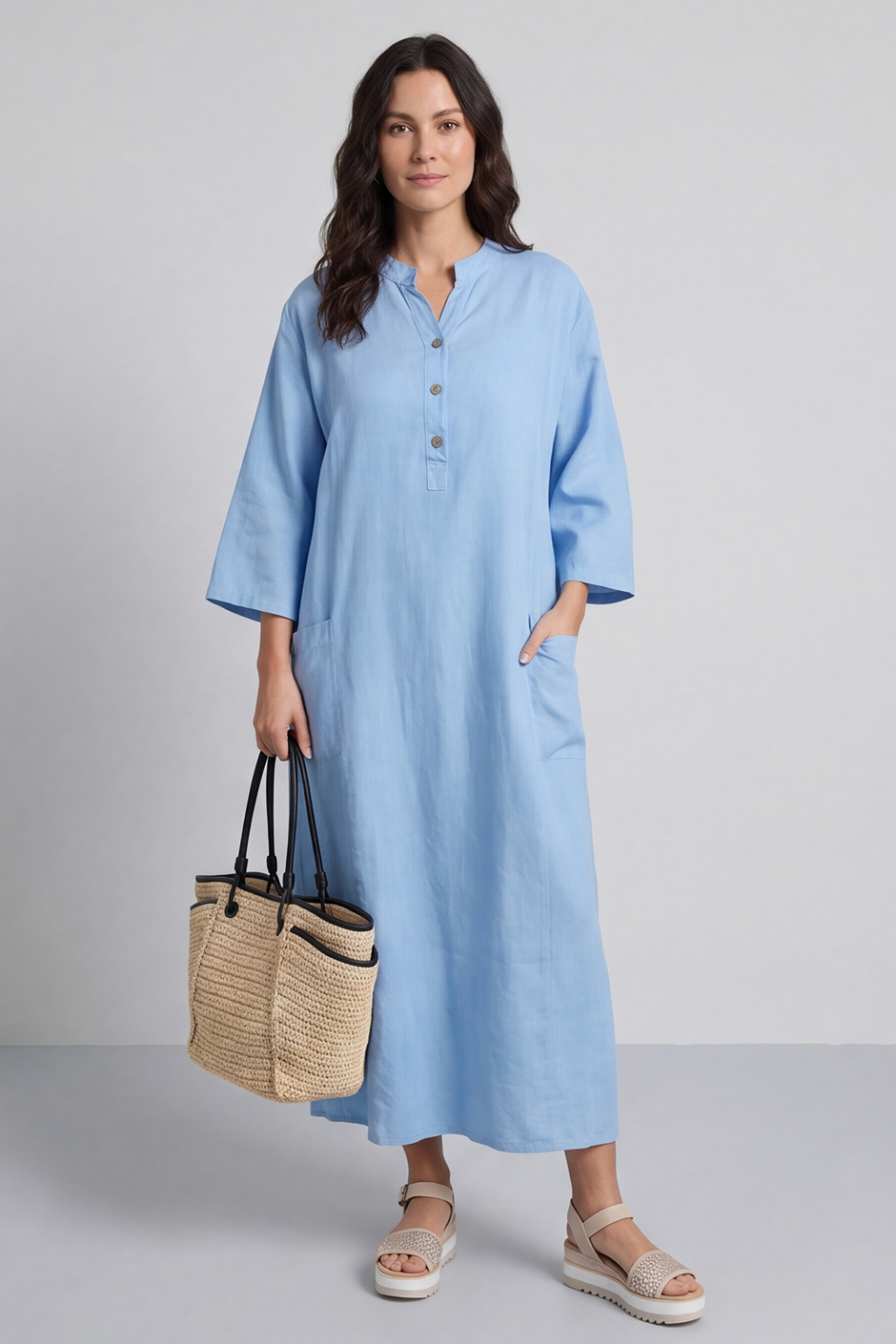 Reese Button Linen Dress Powder Blue