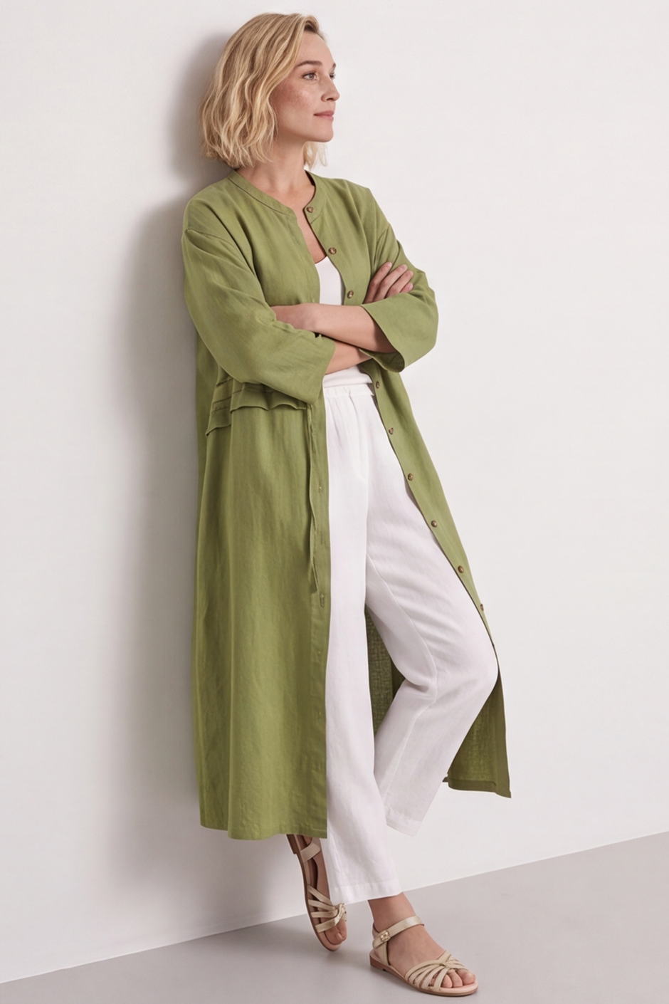 Sienna Button Linen Dress Olive