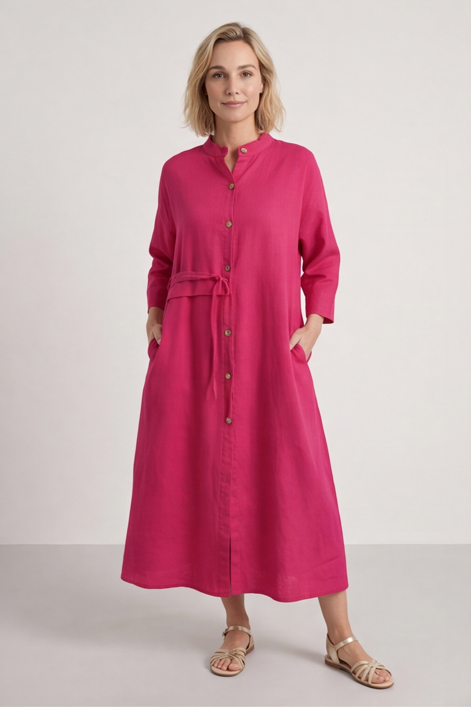 Sienna Button Linen Dress Fuchsia