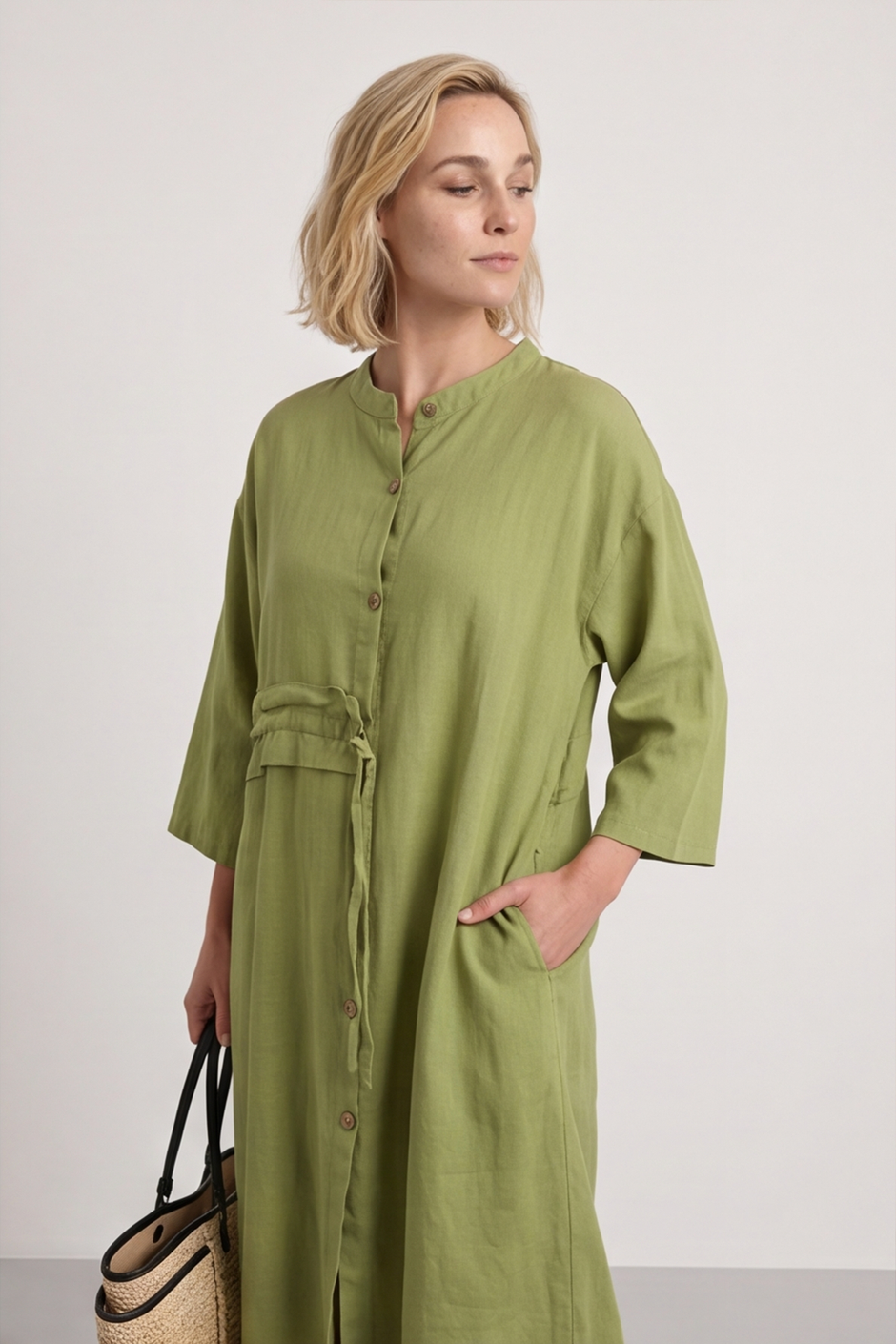 Sienna Button Linen Dress Olive