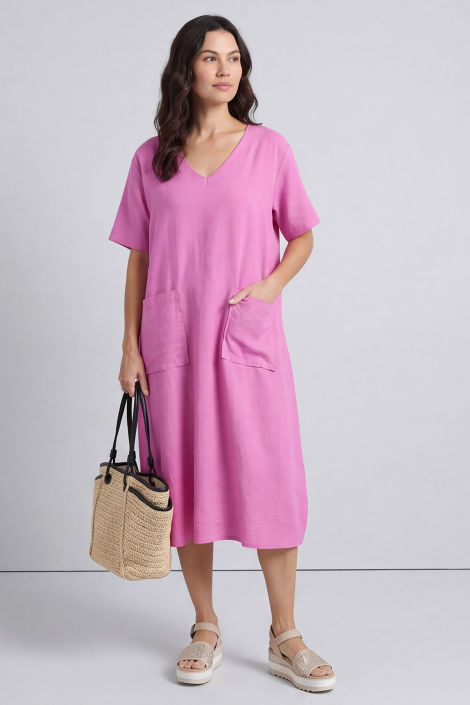 Solange Pocket Linen Dress Fuchsia