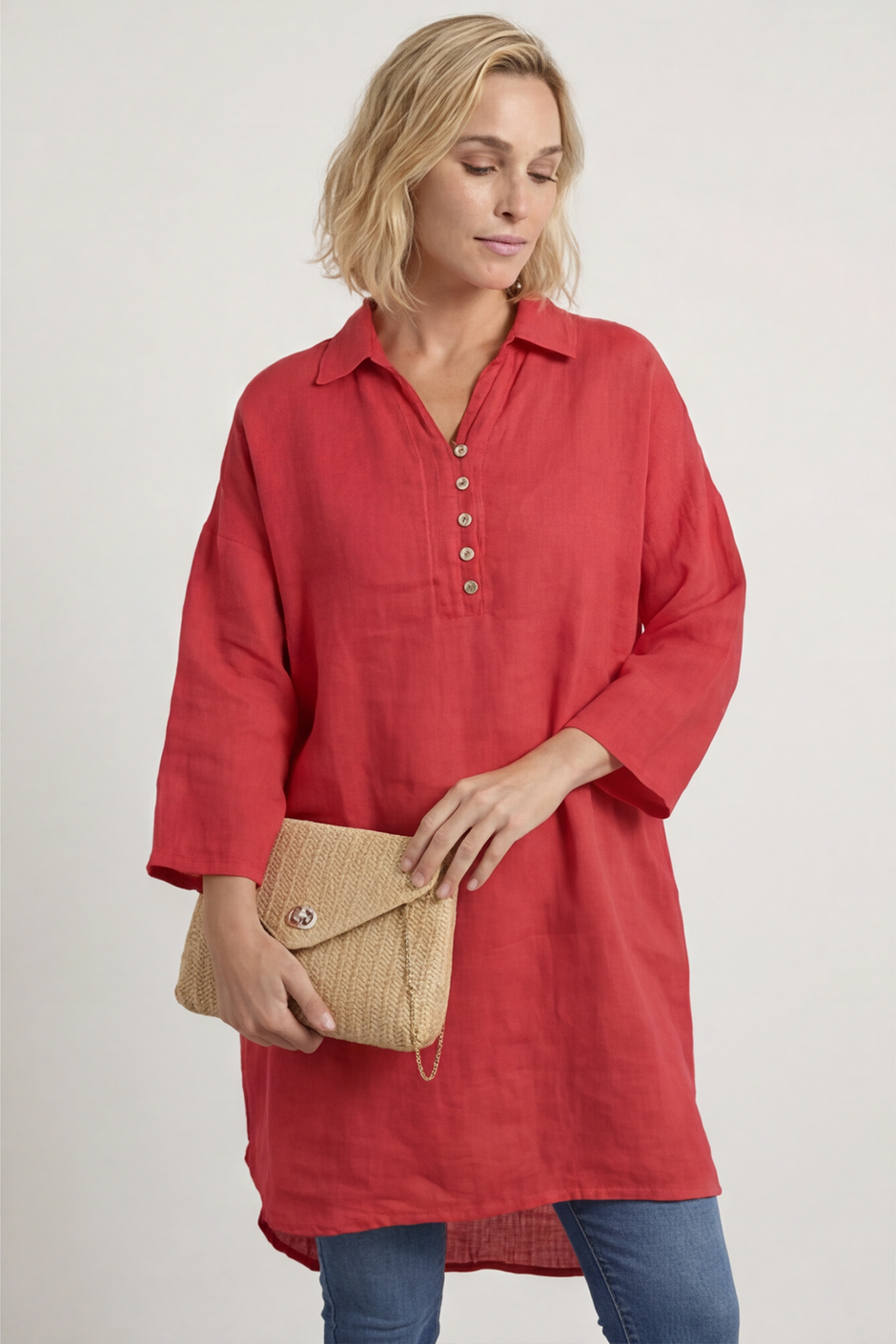 Tarna Button Linen Tunic Hot Pink