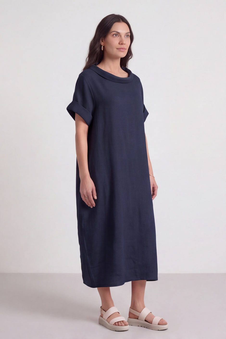 Tasha Cowl Neck Linen Navy Dress