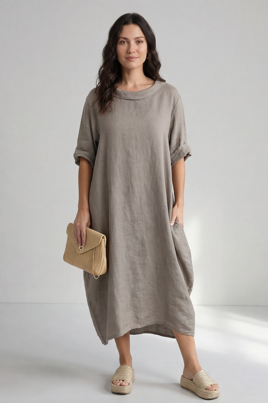 Tasha Cowl Neck Linen Dress Mocha