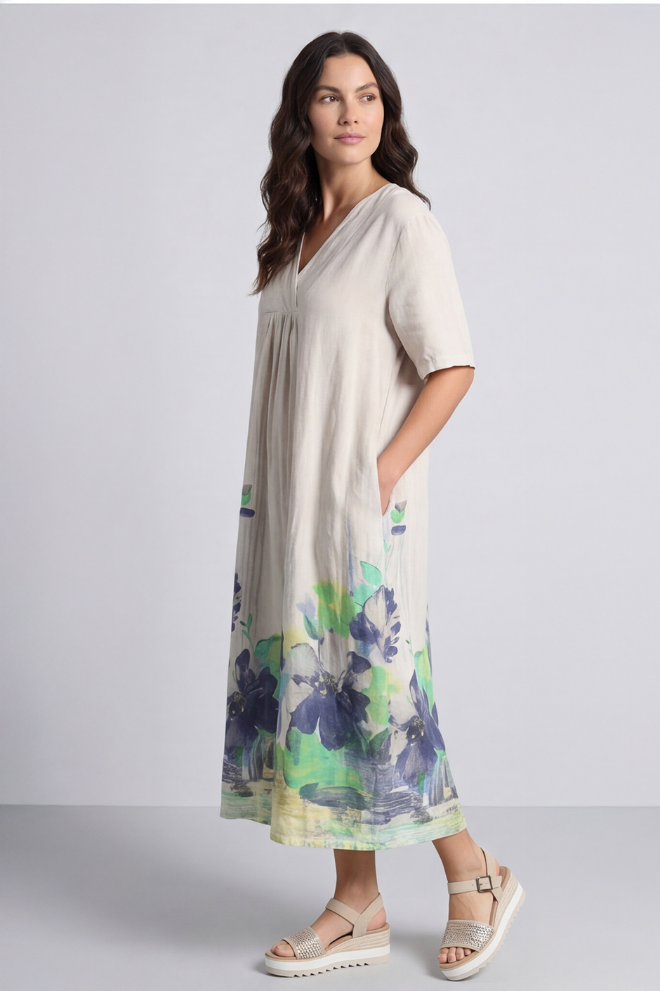 Whitstable V Neck Print Linen Dress Stone