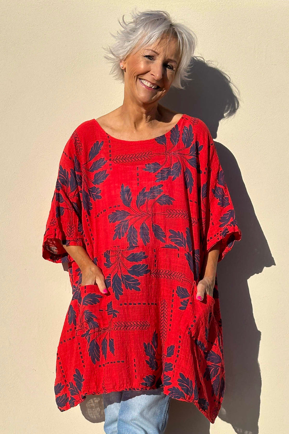 Bowie Print Cotton Top Red