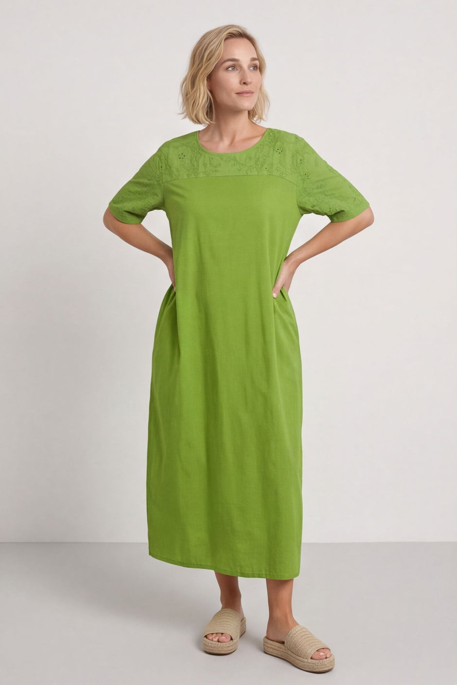 Raven Embroidered Shoulder Cotton Dress Olive – image 1 of 6