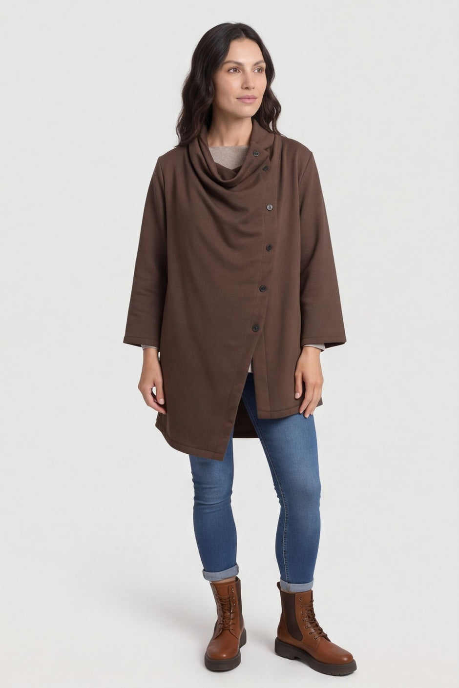 Damaris Asymmetric Button Cotton Top Cocoa – image 1 of 6