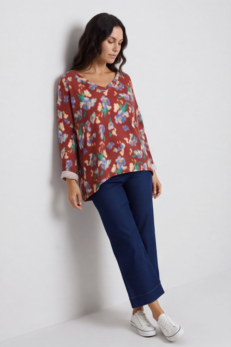 Kirsty Flower V-Neck Knit Top Wine – image 1 of 6