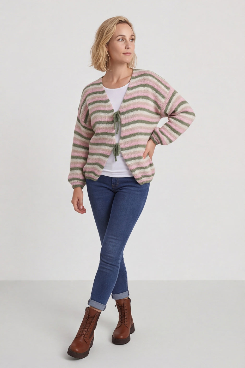 Merlyn Stripe Tie Knitted Cardigan Khaki – image 1 of 6