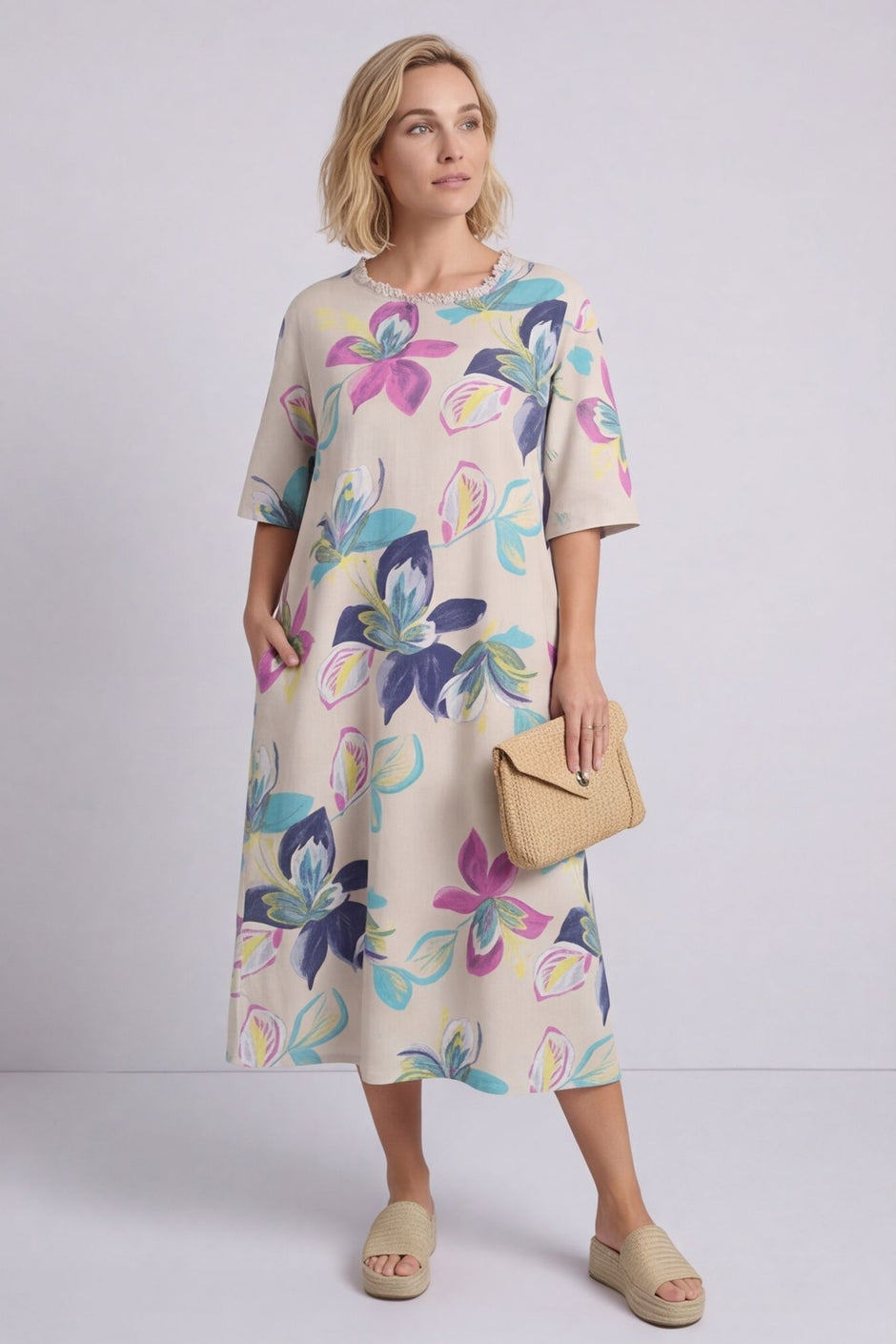Mallory Print Linen Dress Stone – image 1 of 6