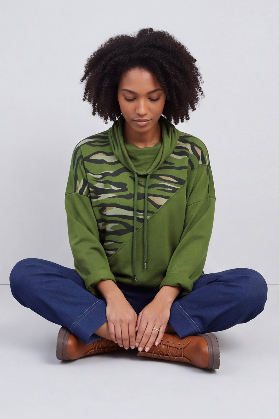 Lydia Cowl Print Cotton Top Olive – image 1 of 6