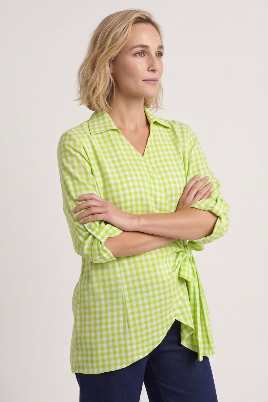 Shyla Gingham Wrap Cotton Top Lime – image 2 of 5