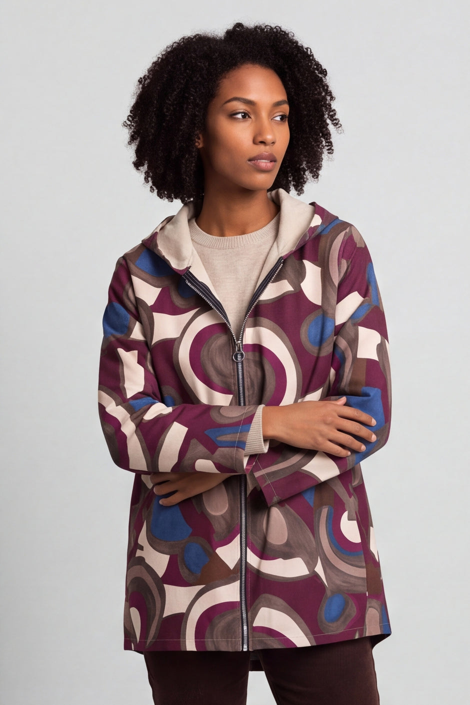 Cynthia Print Zip Hooded Jacket Wine – image 2 of 6
