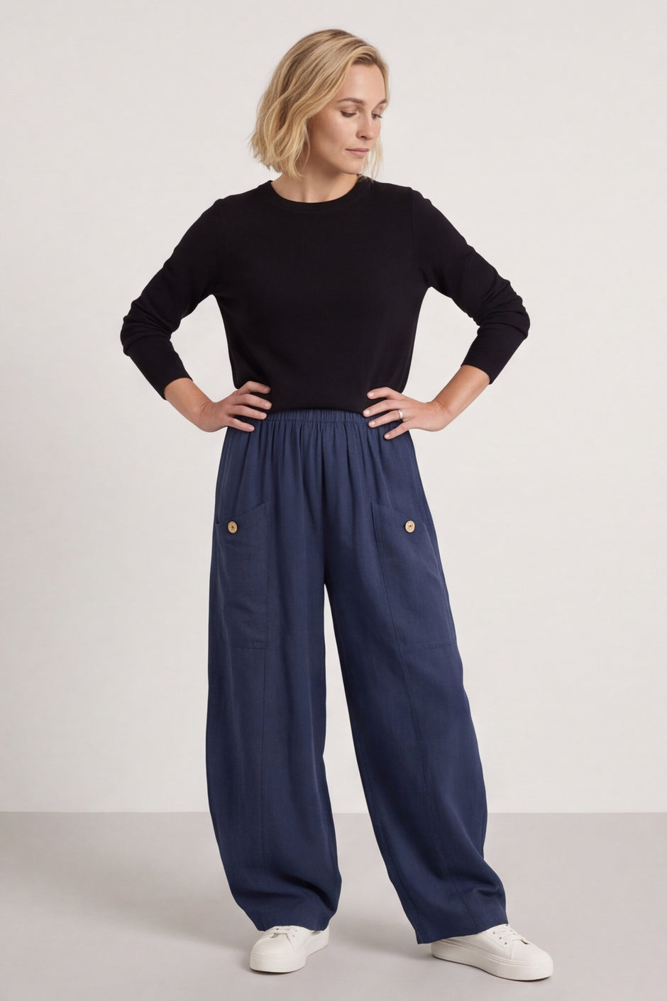 Clarisse Button Pocket Linen Trousers Navy – image 2 of 6