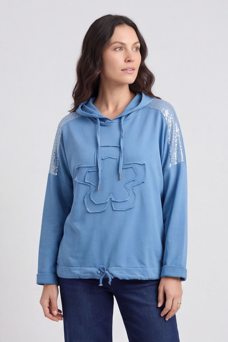 Betsy Flower Patch Hooded Cotton Top Blue – image 3 of 6