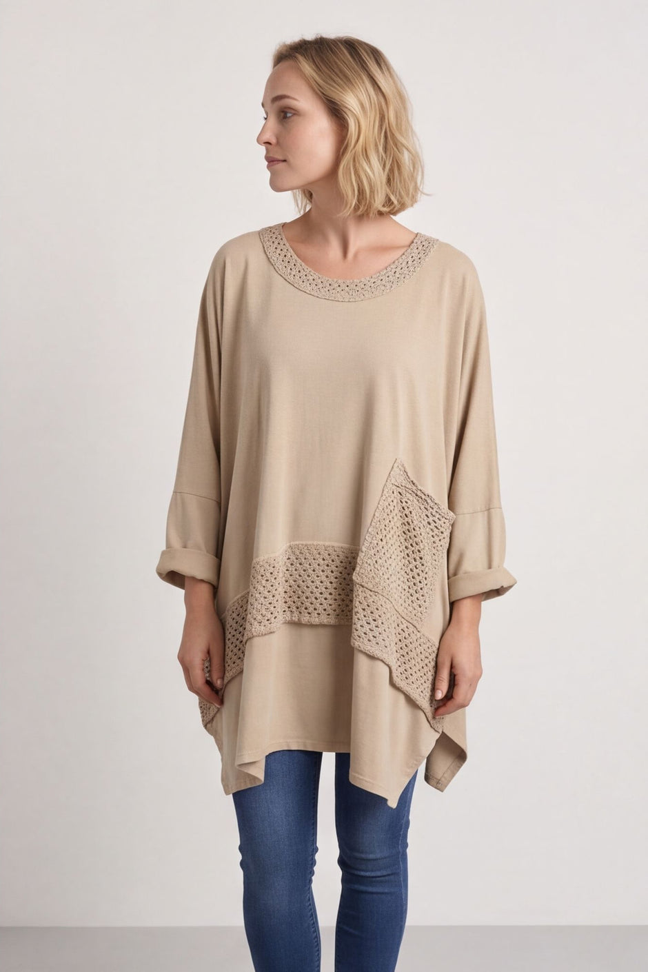 Mozelle Crochet Detail Cotton Top Stone – image 3 of 6