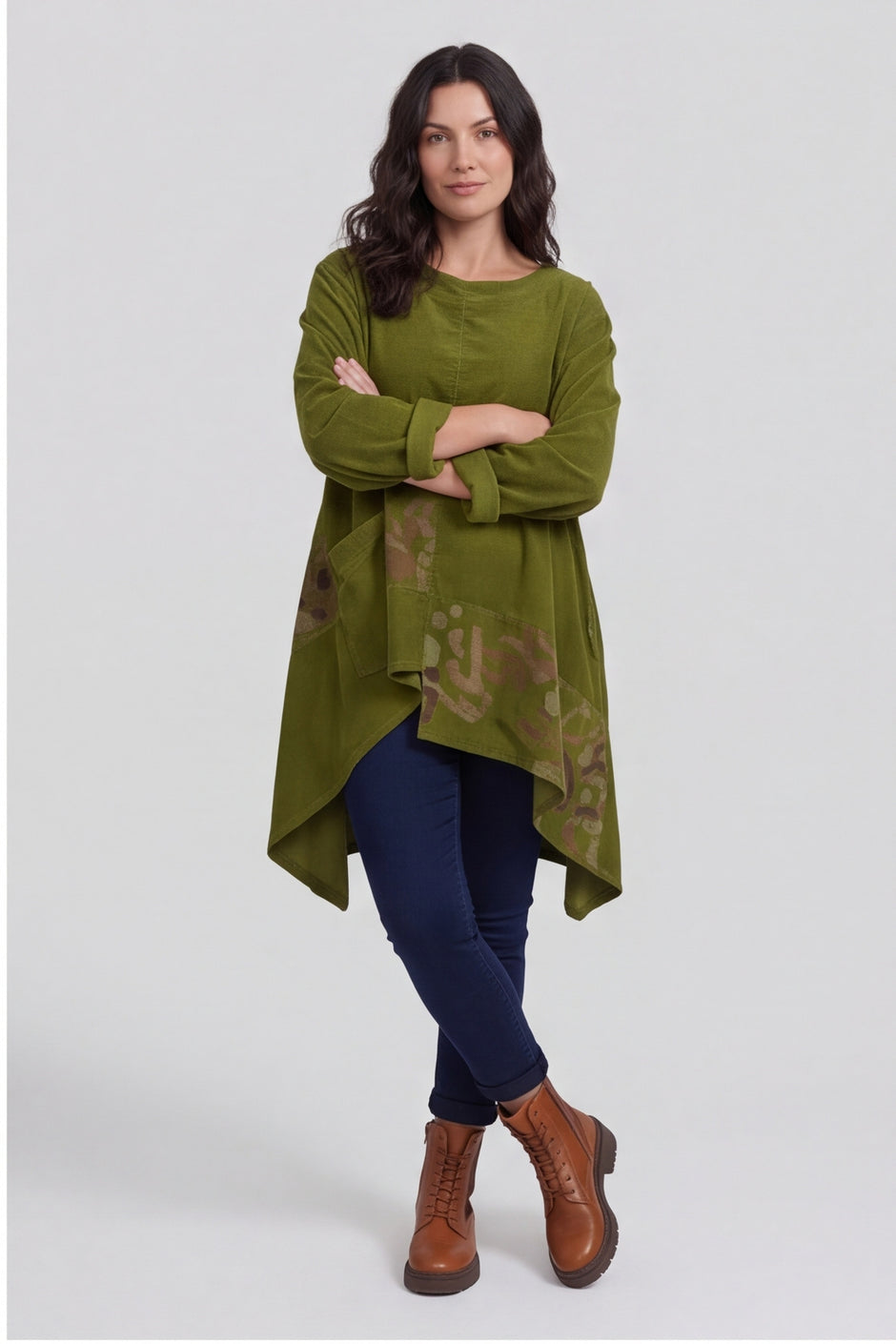 Berenice Print Detail Needlecord Top Olive – image 4 of 6