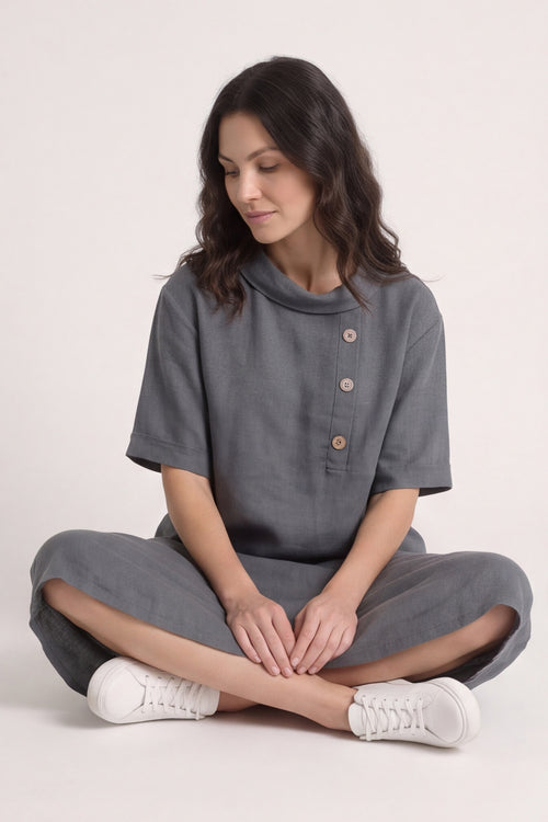 Alvina Cowl Button Detail Dress Charcoal - Image 2