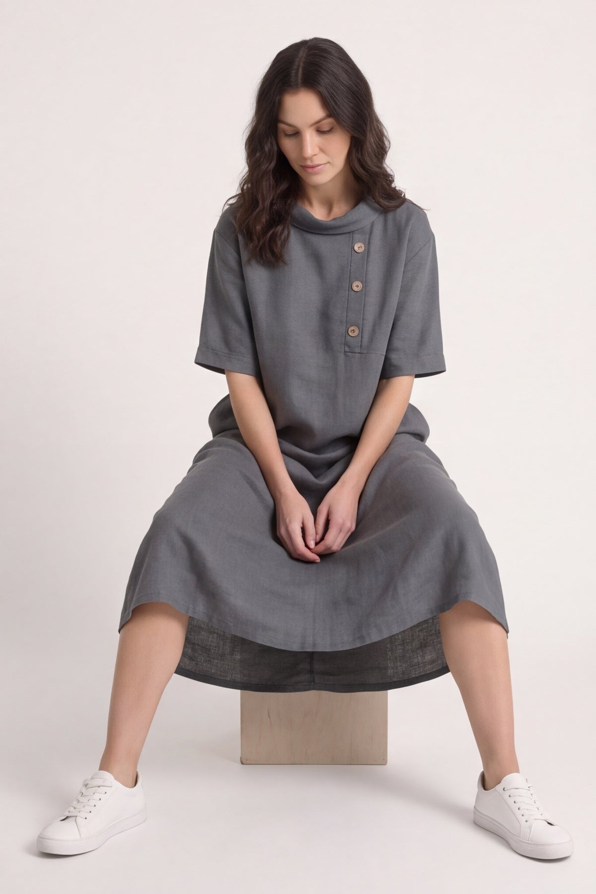 Alvina Cowl Button Detail Dress Charcoal