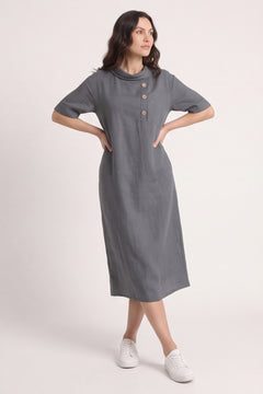 Alvina Cowl Button Detail Dress Charcoal