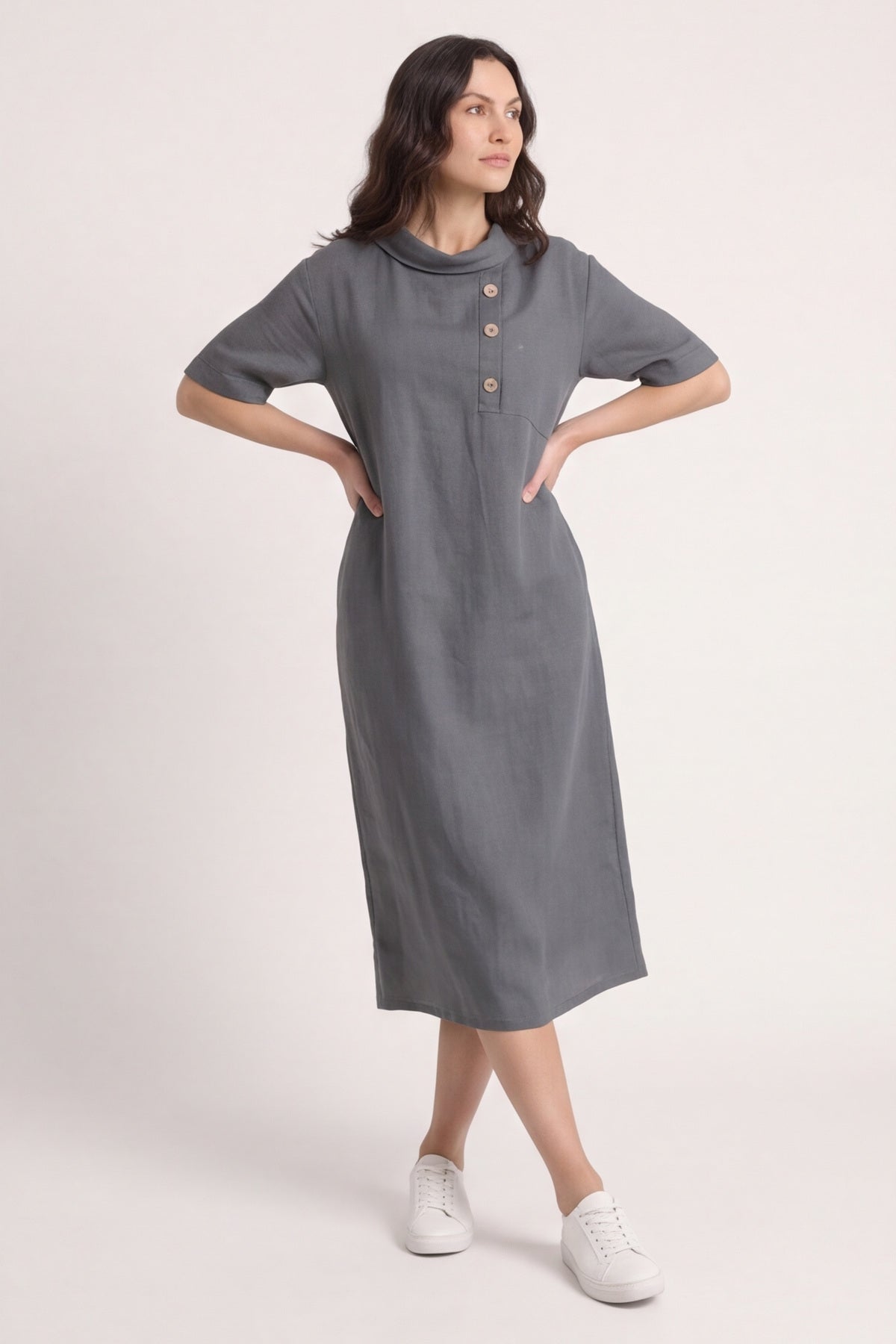 Alvina Cowl Button Detail Dress Charcoal