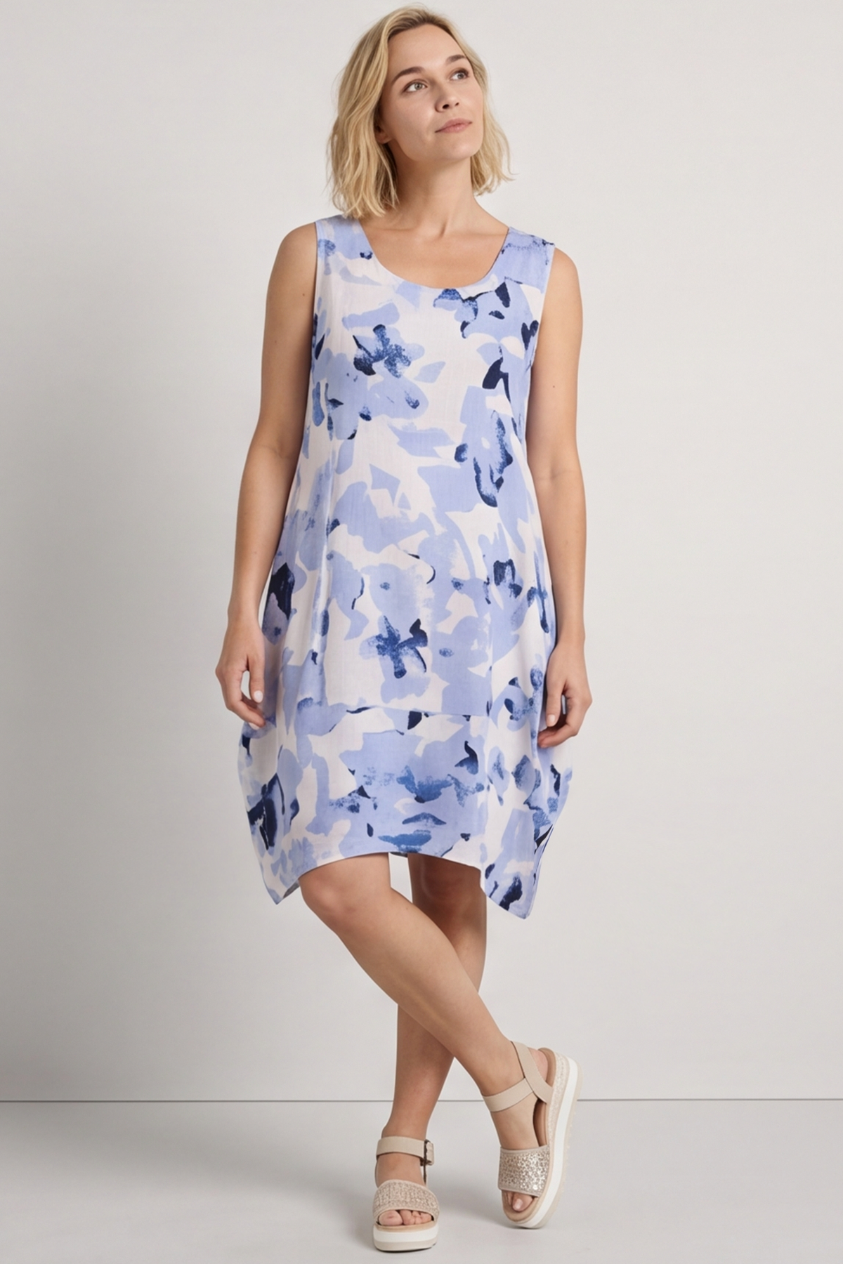 Aisha Sleeveless Print Linen Dress Stone