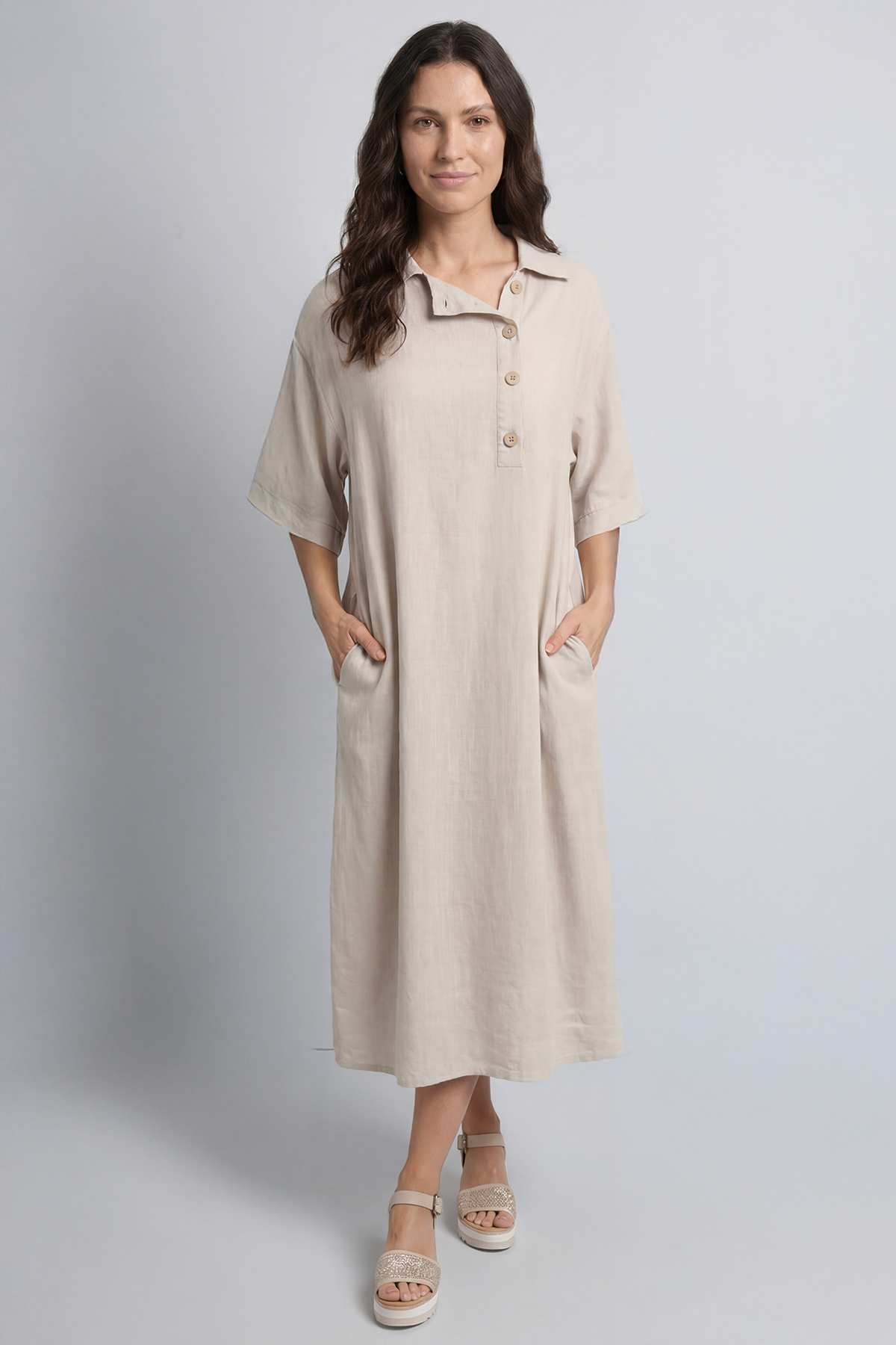 Alvina Cowl Button Detail Dress Stone
