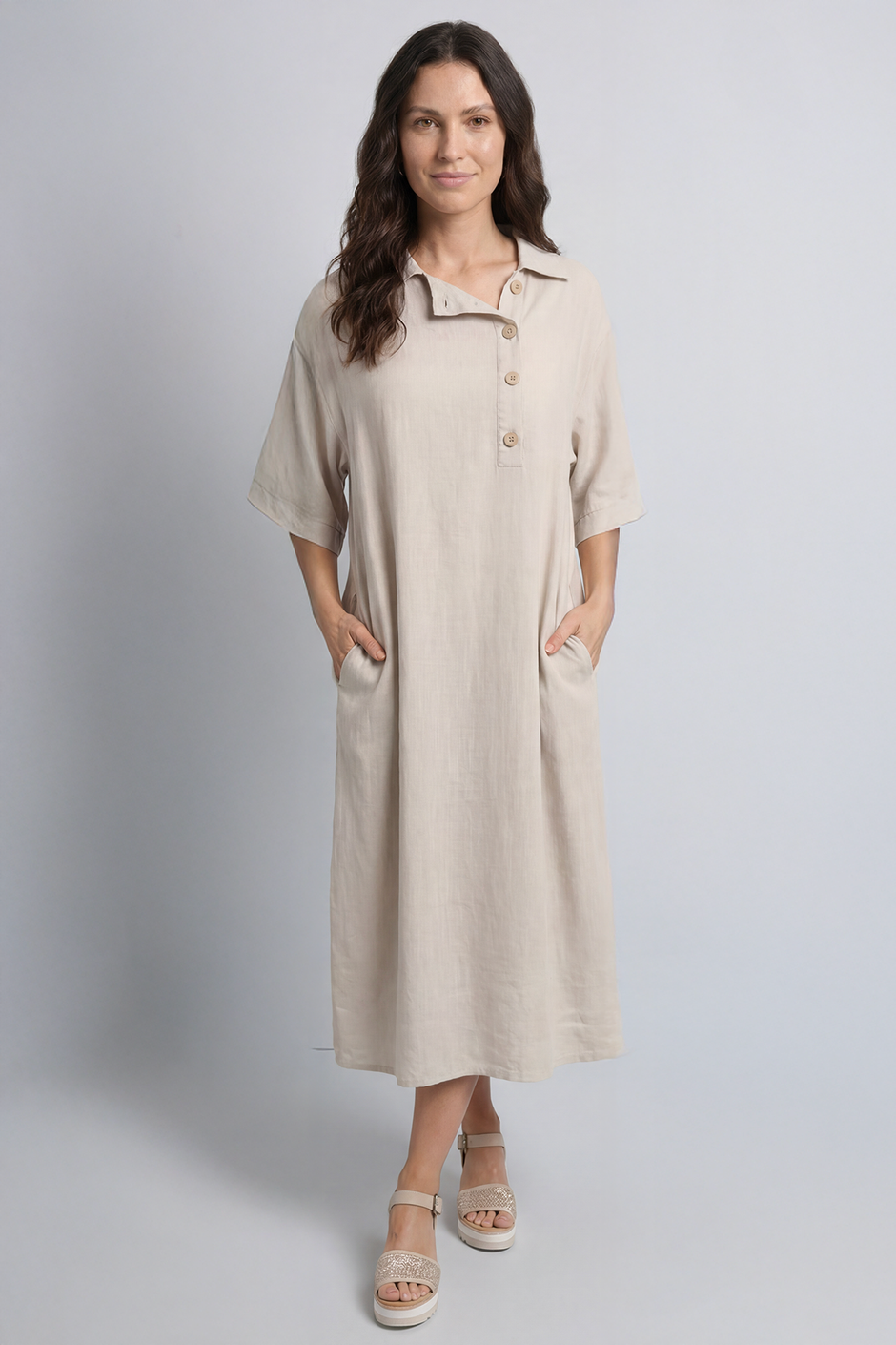 Alvina Cowl Button Detail Dress Stone