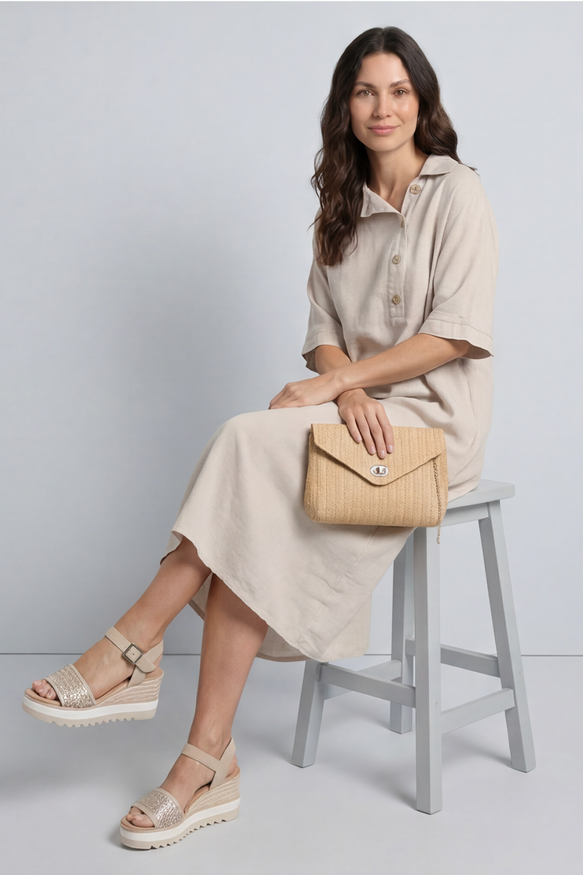 Alvina Cowl Button Detail Dress Stone