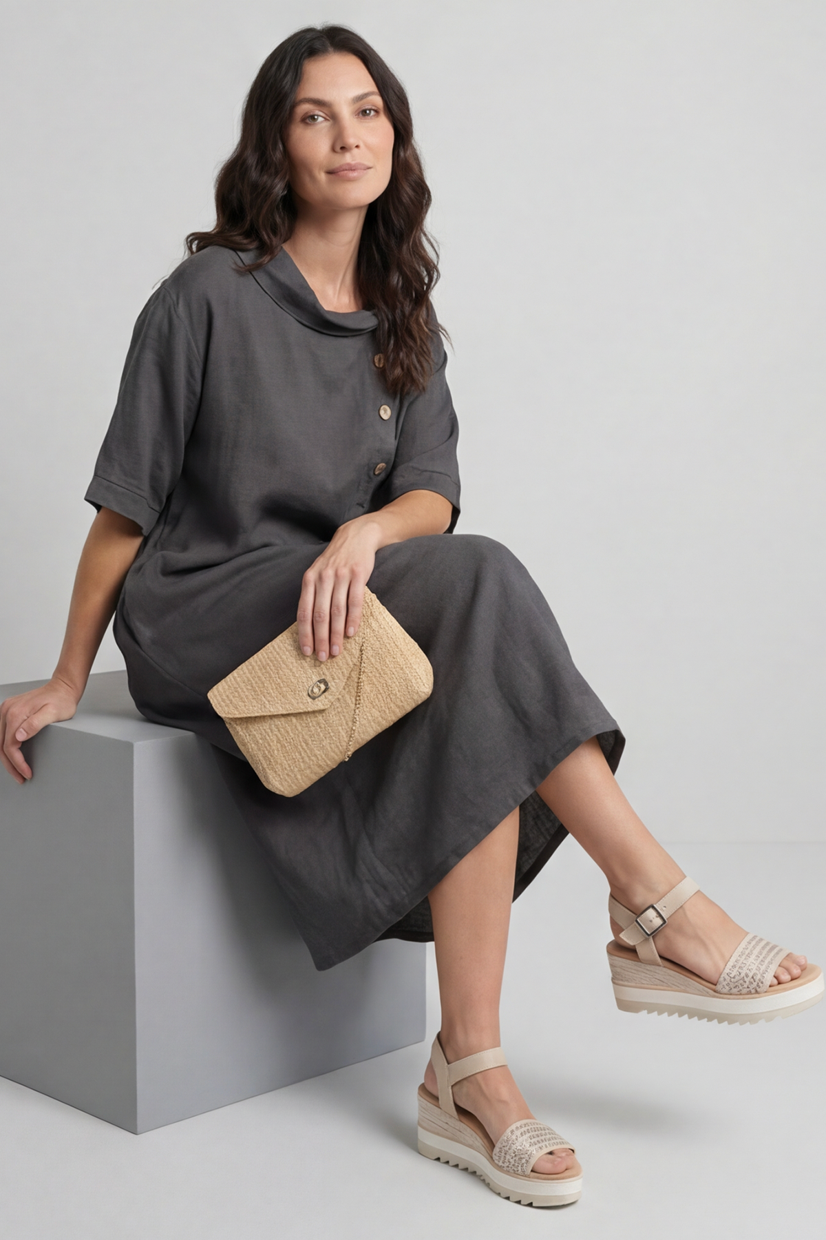 Alvina Cowl Button Detail Dress Charcoal