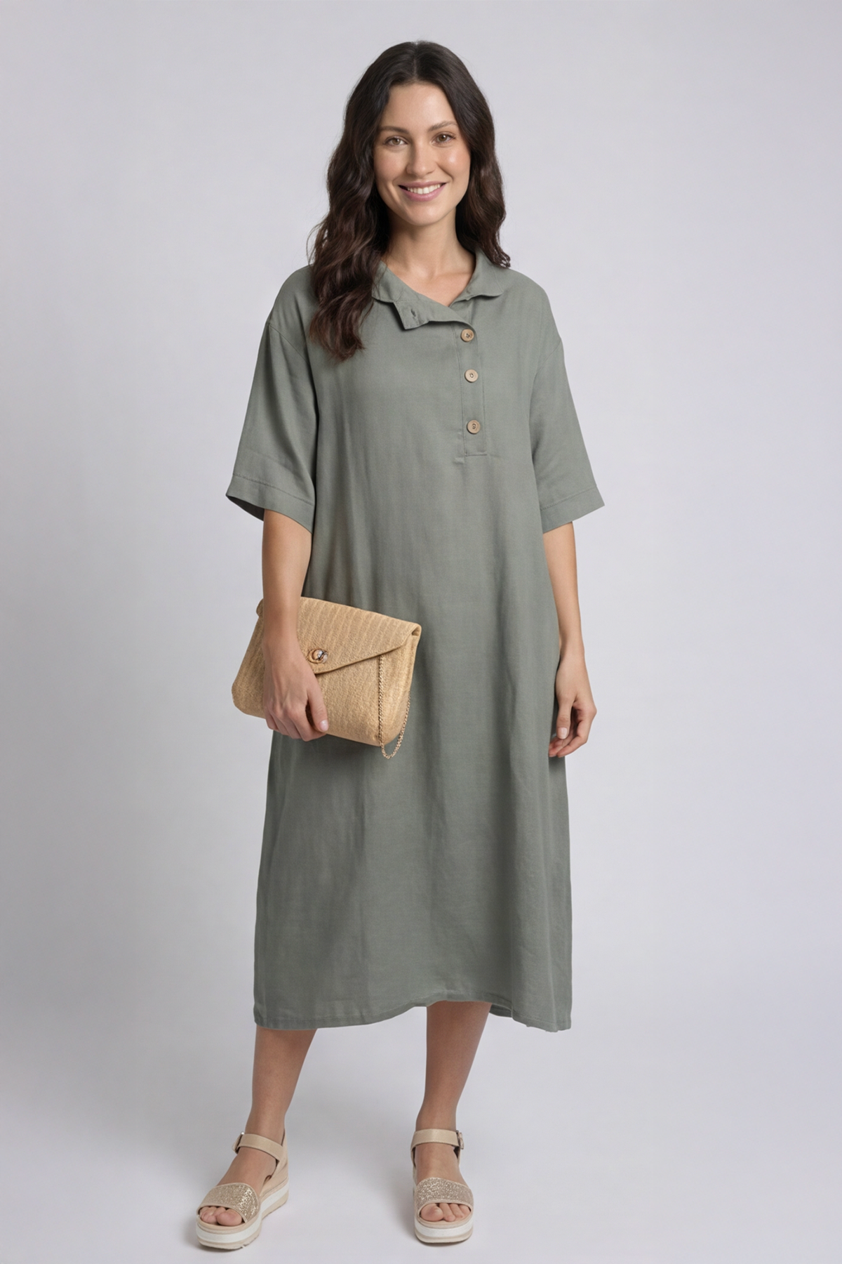 Alvina Cowl Button Detail Dress Khaki