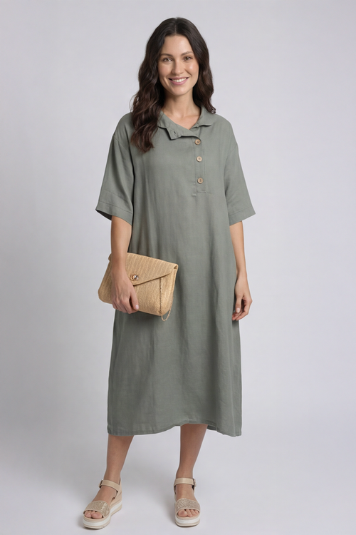 Alvina Cowl Button Detail Dress Khaki - Image 5
