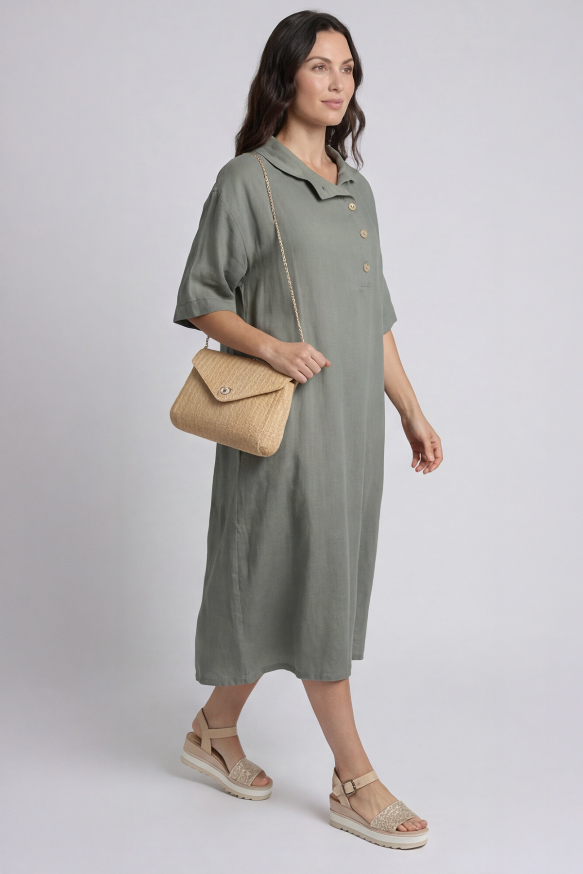 Alvina Cowl Button Detail Dress Khaki