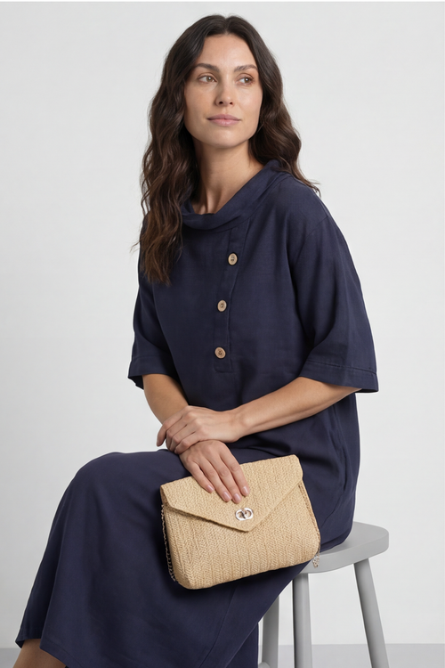 Alvina Cowl Button Detail Dress Navy - Image 1