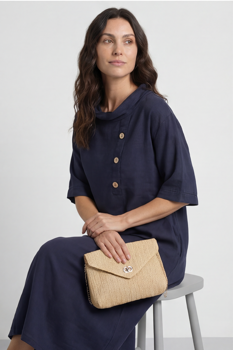 Alvina Cowl Button Detail Dress Navy