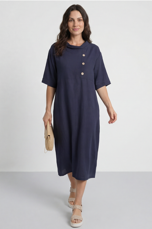 Alvina Cowl Button Detail Dress Navy - Image 2