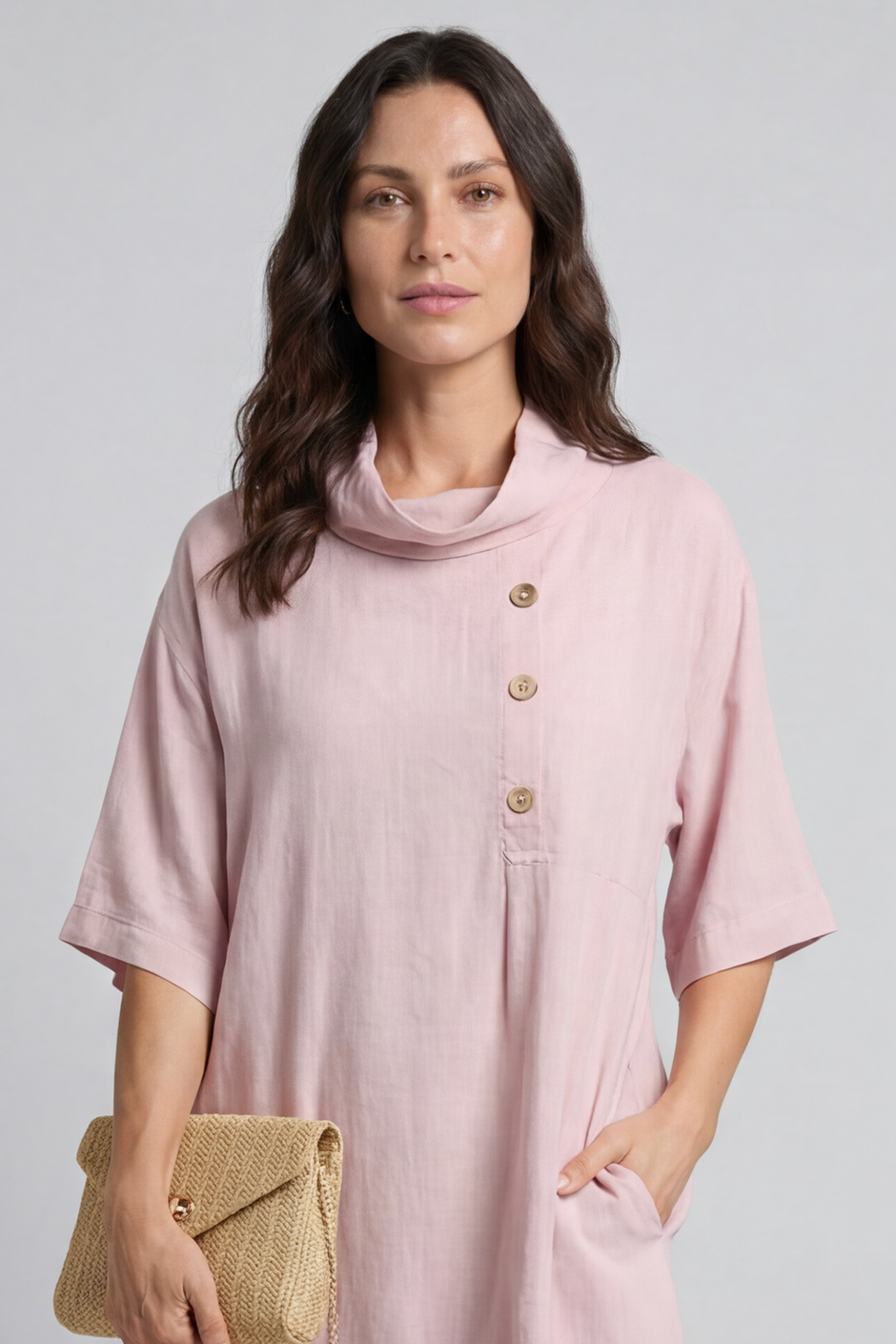 Alvina Cowl Button Detail Dress Pink