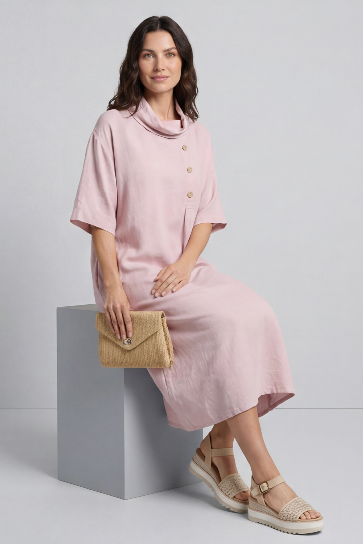 Alvina Cowl Button Detail Dress Pink