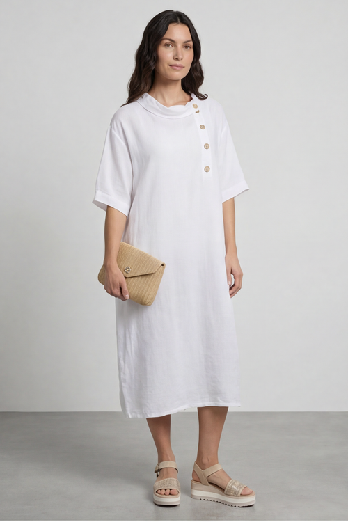 Alvina Cowl Button Detail Dress White - Image 2
