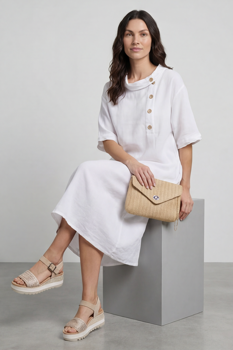 Alvina Cowl Button Detail Dress White