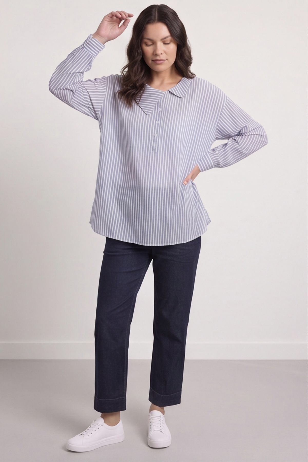 Amaya Stripe Collared Button Cotton Top Powder Blue