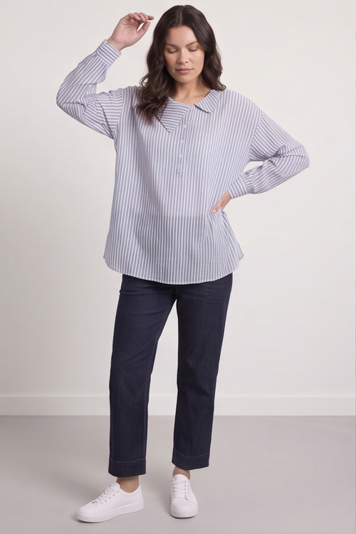 Amaya Stripe Collared Button Cotton Top Powder Blue - Image 2