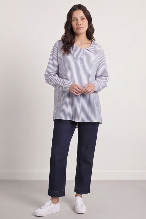 Amaya Stripe Collared Button Cotton Top Powder Blue - Image 3