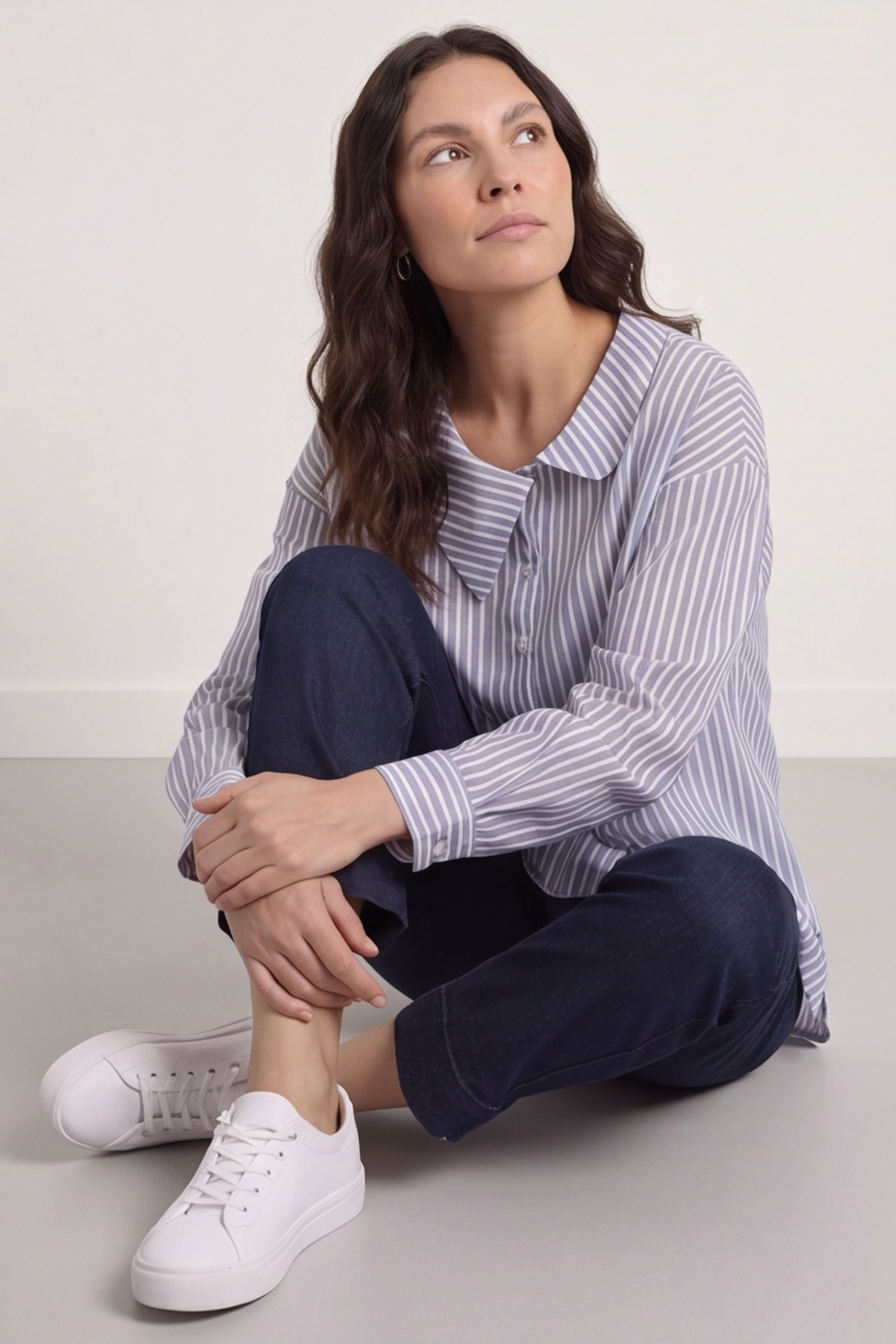 Amaya Stripe Collared Button Cotton Top Powder Blue