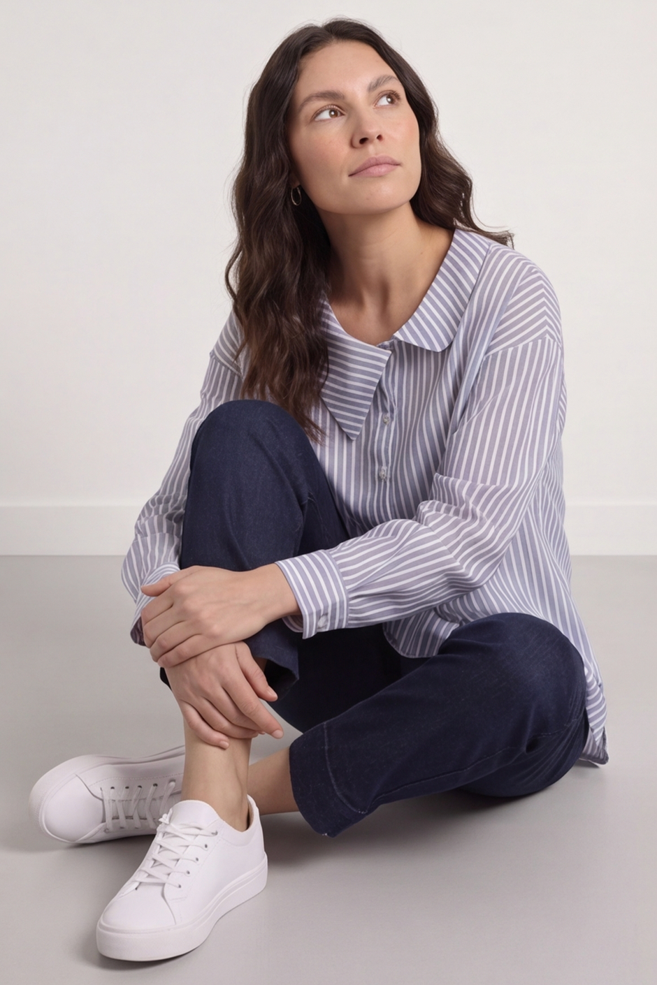 Amaya Stripe Collared Button Cotton Top Powder Blue