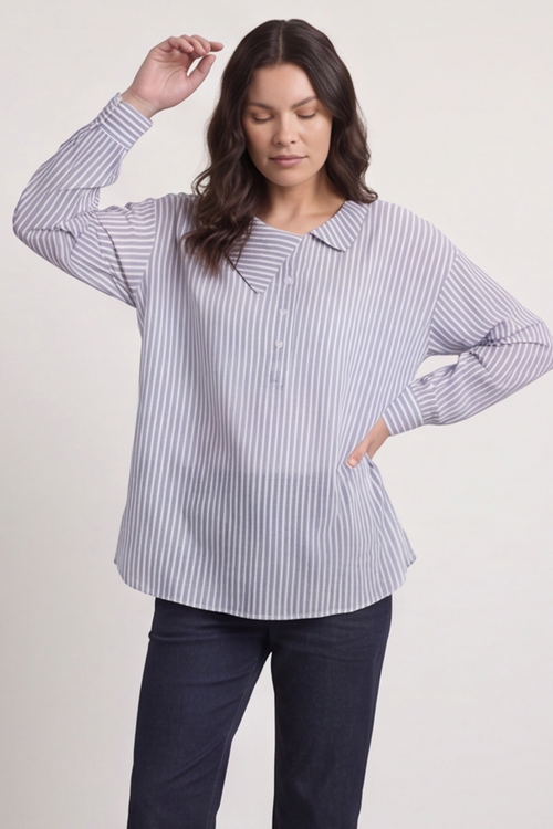 Amaya Stripe Collared Button Cotton Top Powder Blue - Image 5