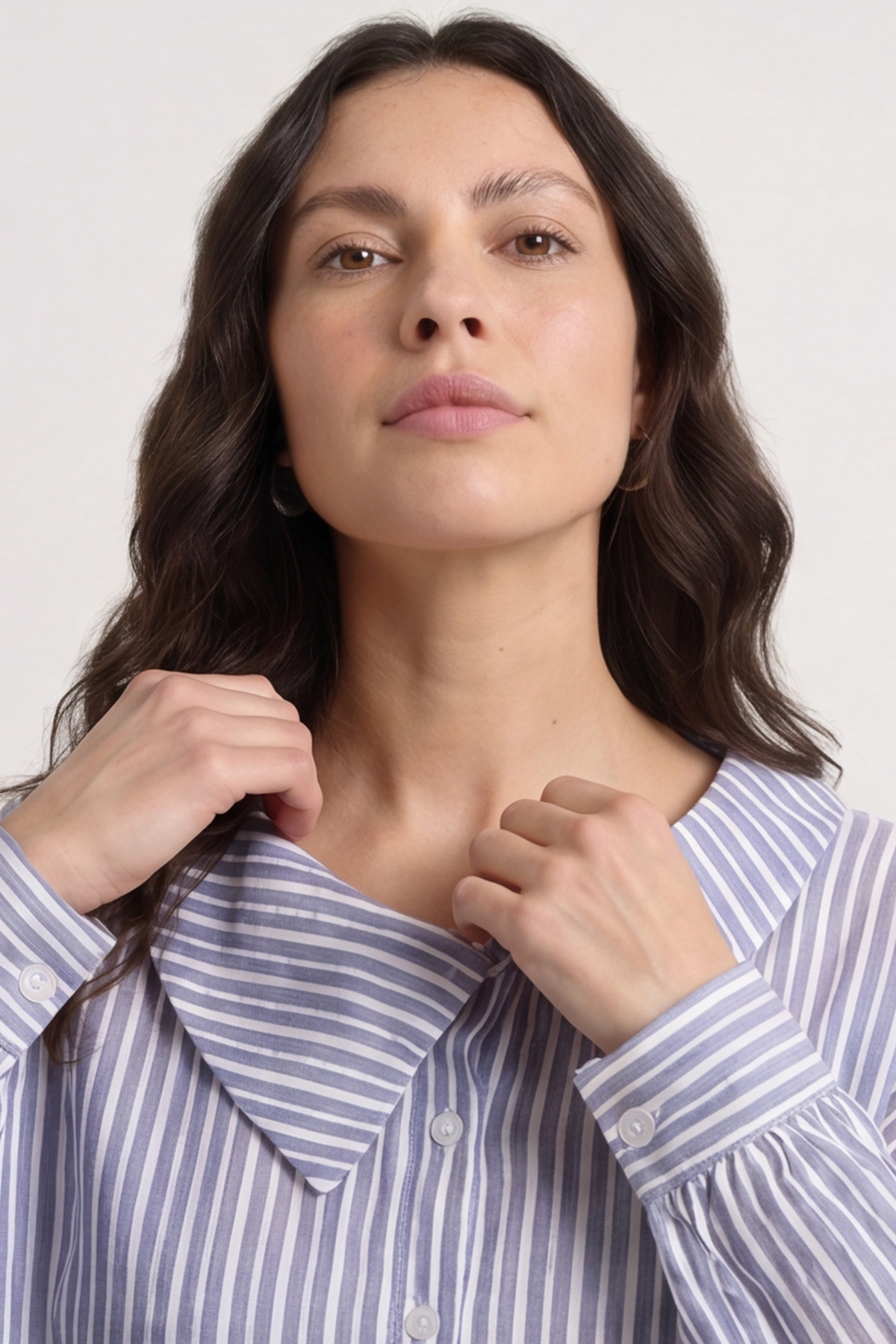 Amaya Stripe Collared Button Cotton Top Blue
