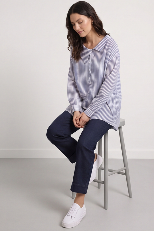 Amaya Stripe Collared Button Cotton Top Blue - Image 1